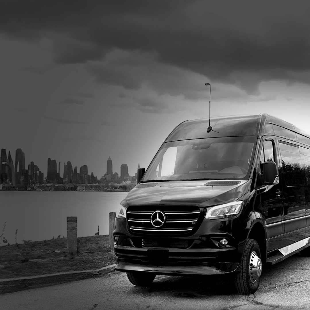 black and white photo of a sprinter van set against a San Francisco skyline